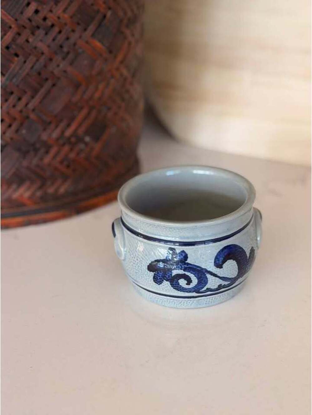 Vintage German Gerzit Blue & White Stoneware Crock